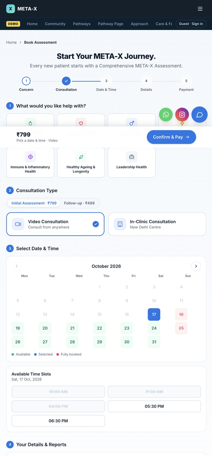 META-X booking page with the assessment steps and consultation choices